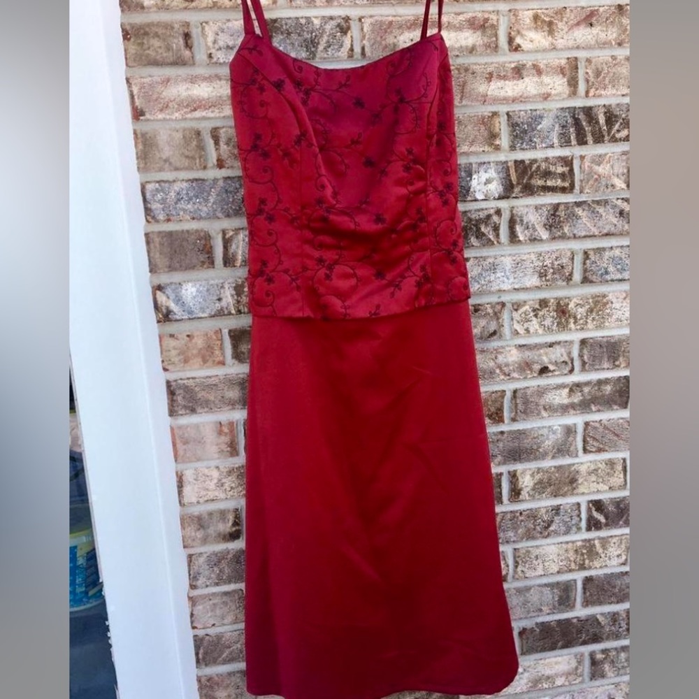 Vintage 90s Red & Black Embroidered Midi Formal Dress